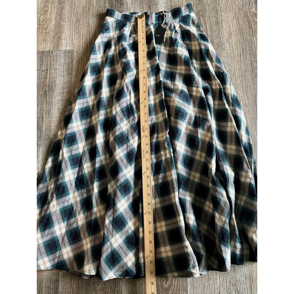 Maje Green White Checked Tartan Cotton Midi Skirt Women’s Size 36 Small NWT - Picture 6 of 8
